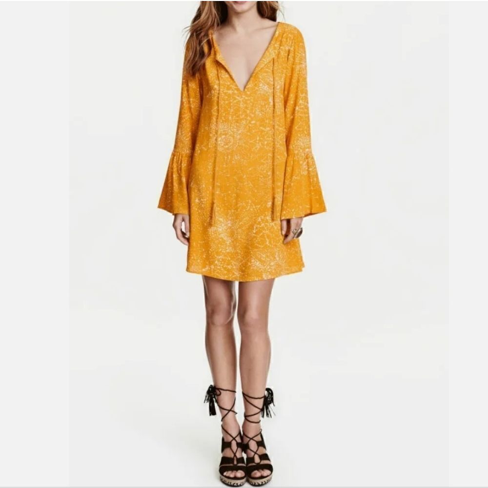 H&M Mustard Yellow Viscose V-neck Bell Sleeve Mini Dress